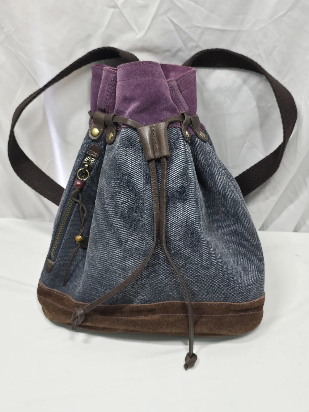 Lucky Brand Canvas & Suede Drawstring Backpack Purple Denim Boho Rucksack Bag